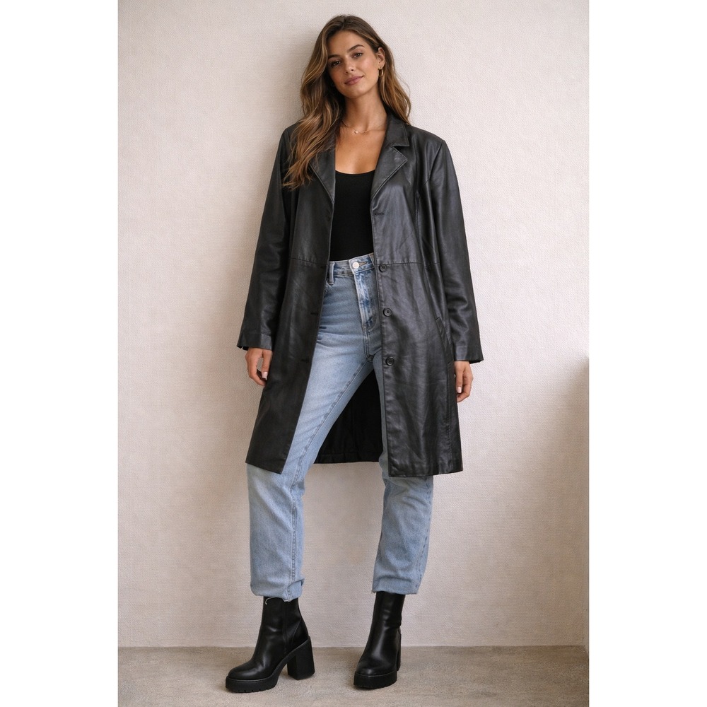 JONES‎ SPORT Womens Black Genuine Leather Collared Button Front Long Coat L